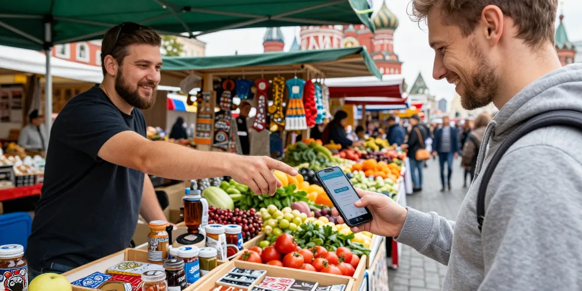 Turista feliz usando https://payinrussia.com/ para pagar en un mercado en Moscú.