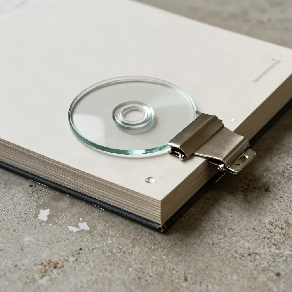 Prisjämförelse-folio på våt betong med glaskiva, metallklämma och kortstack.