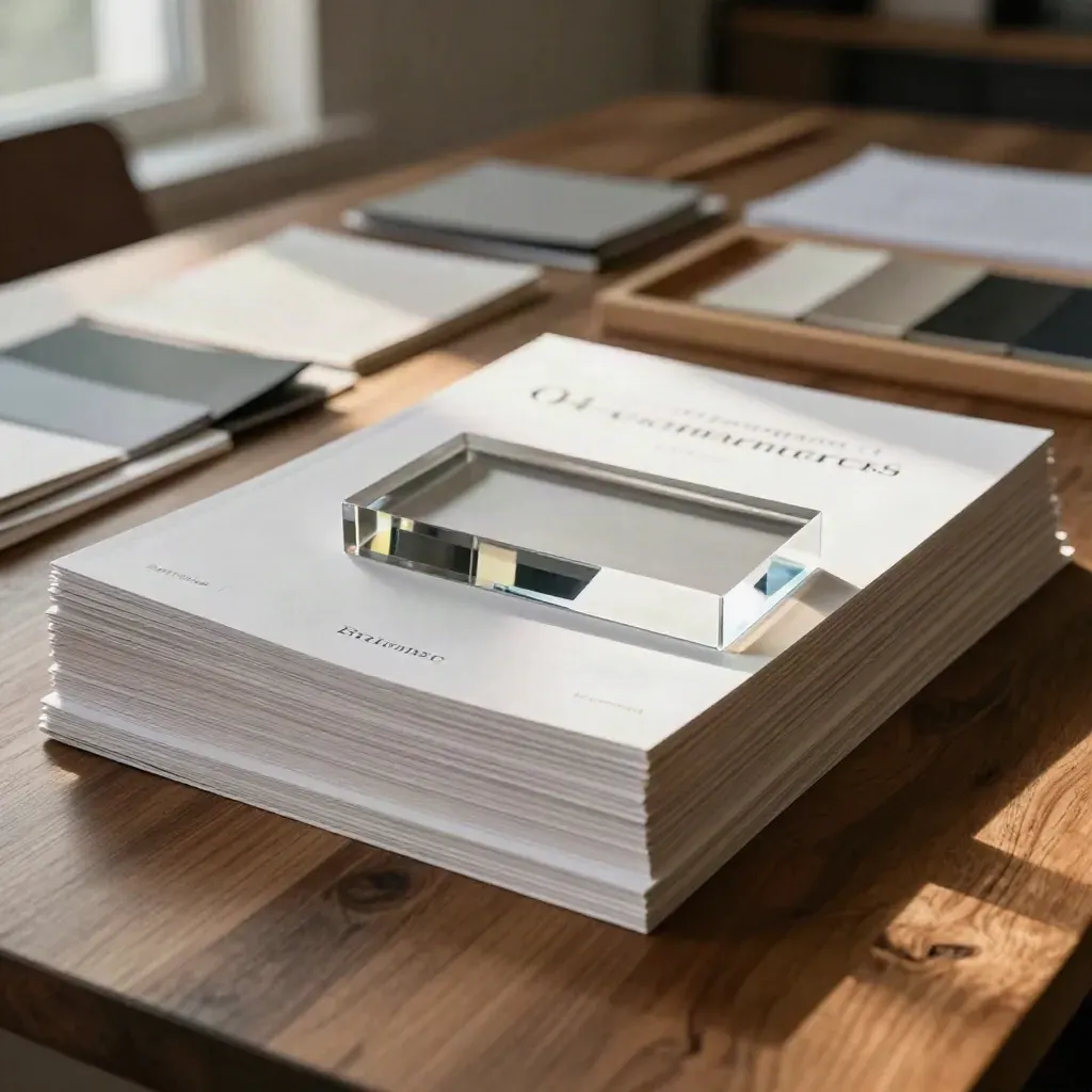 Rapportpaket för e-handelsprognos på lönnfat med akrylblok i mjukt fönsterljus.