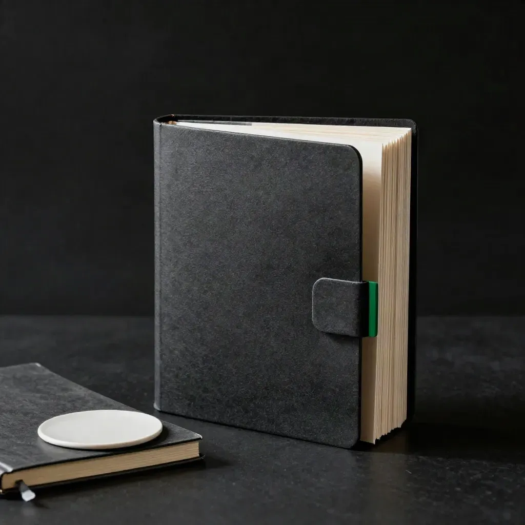 Byrårapport i mörkt studio-ljus med notebook, linnesvep och liten keramisk skiva.