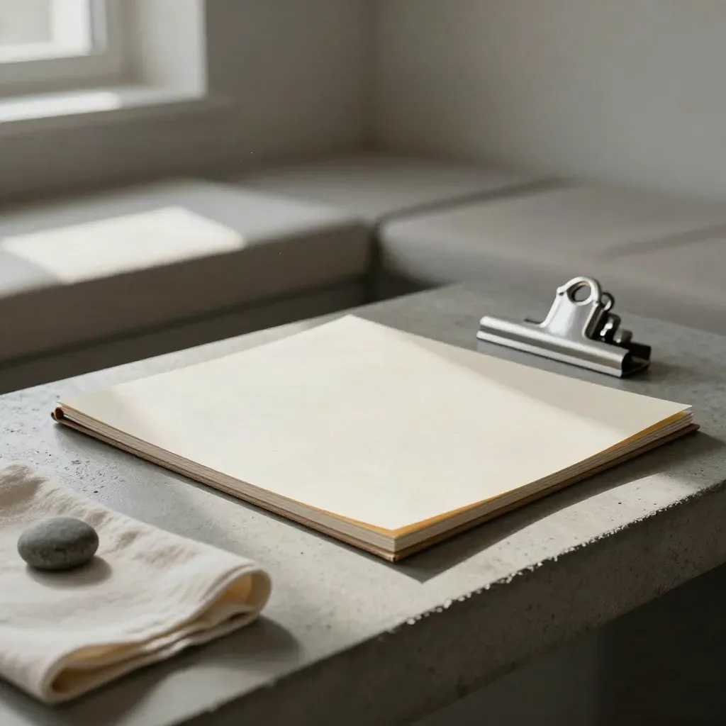 Ledningsfolio i papperboard med vikt linne, sten och metallklämma i mjukt ljus.